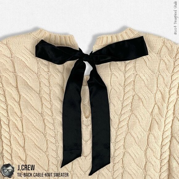 J.CREW TIE-BACK CABLE KNIT SWEATER IN BUTTERCREAM WITH BLACK BOW SLIGHT CROP MED - Picture 7 of 11